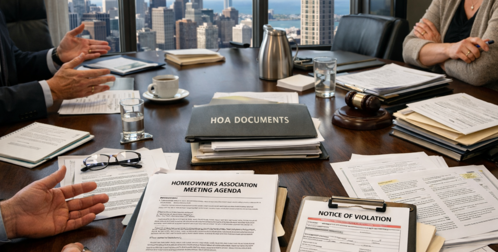 Chicago condo board dispute with meeting documents and legal paperwork