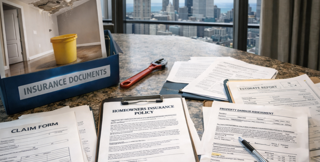 Chicago condo insurance coverage documents with building and policy paperwork