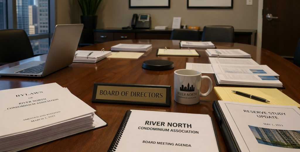 Chicago condo board meeting with legal documents and financial paperwork