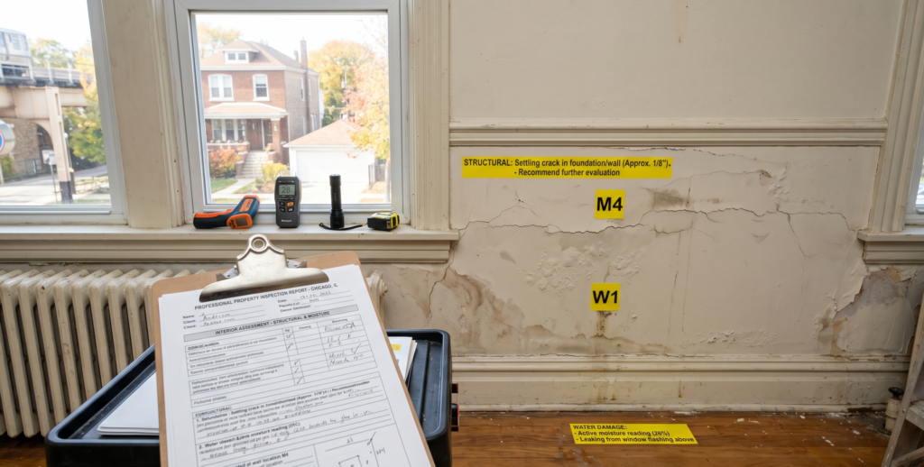 Chicago real estate inspection report with property condition notes and checklist
