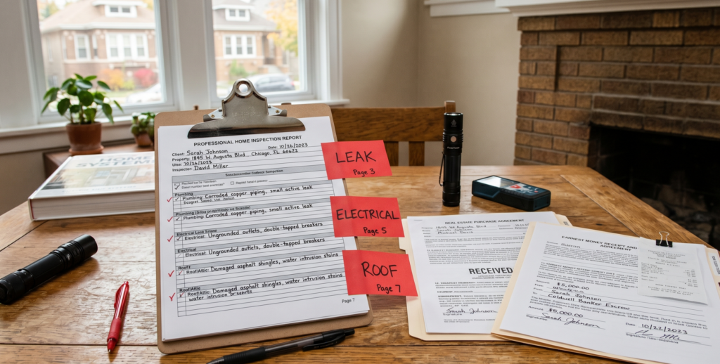 Chicago home inspection report with contract documents and flagged property defects
