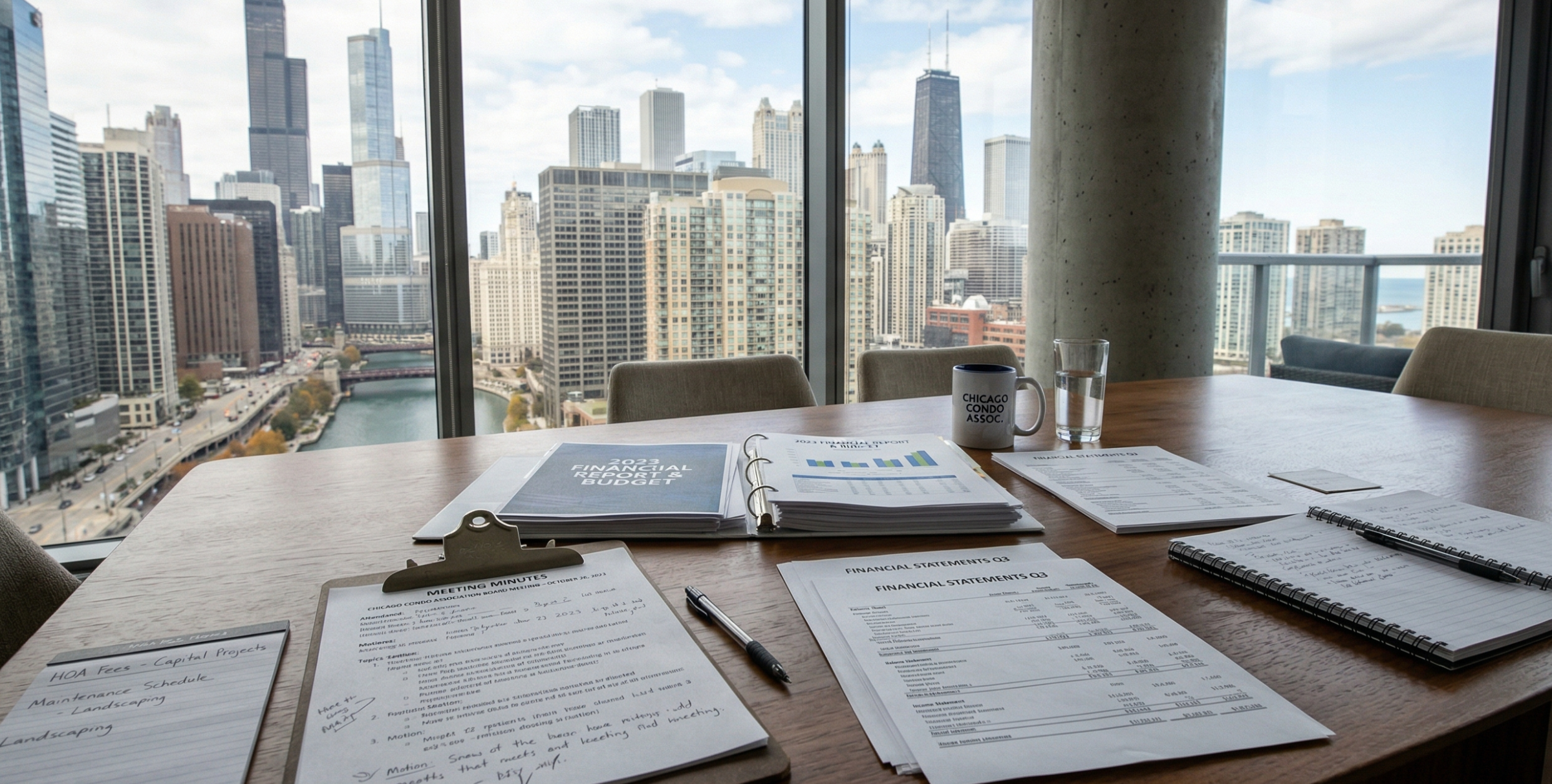 Chicago condo meeting minutes with financial documents and building background