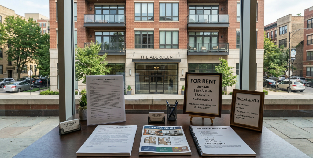 Chicago condo rental restrictions documents with rental signs and HOA paperwork