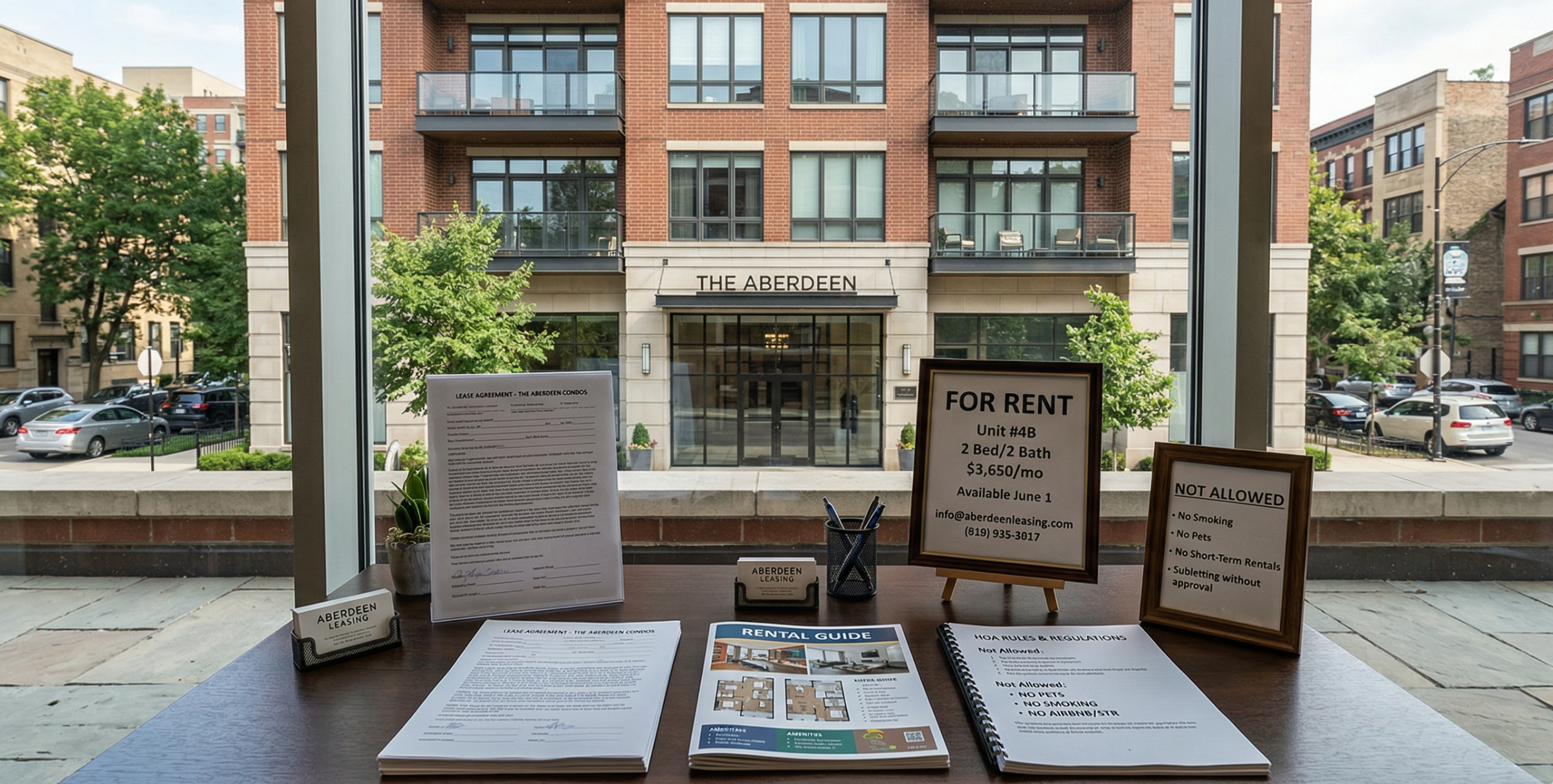 Chicago condo rental restrictions documents with rental signs and HOA paperwork