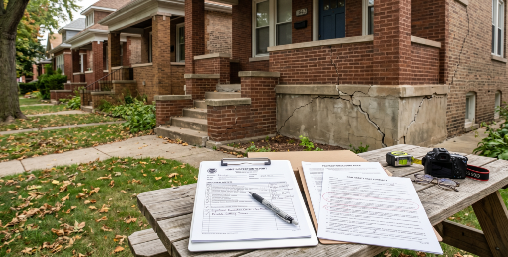 Chicago home with foundation cracks and inspection documents showing structural concerns