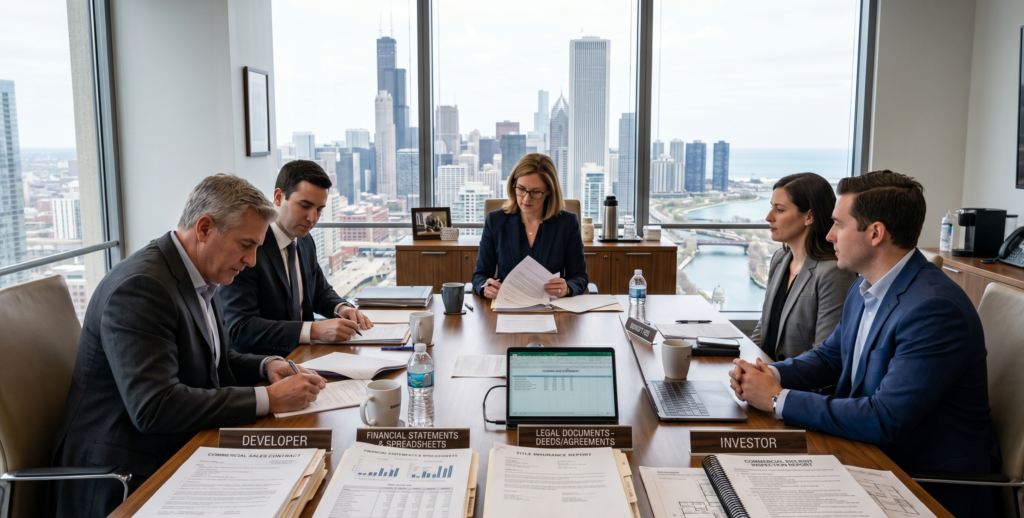 Chicago commercial real estate transaction documents and contracts during closing process
