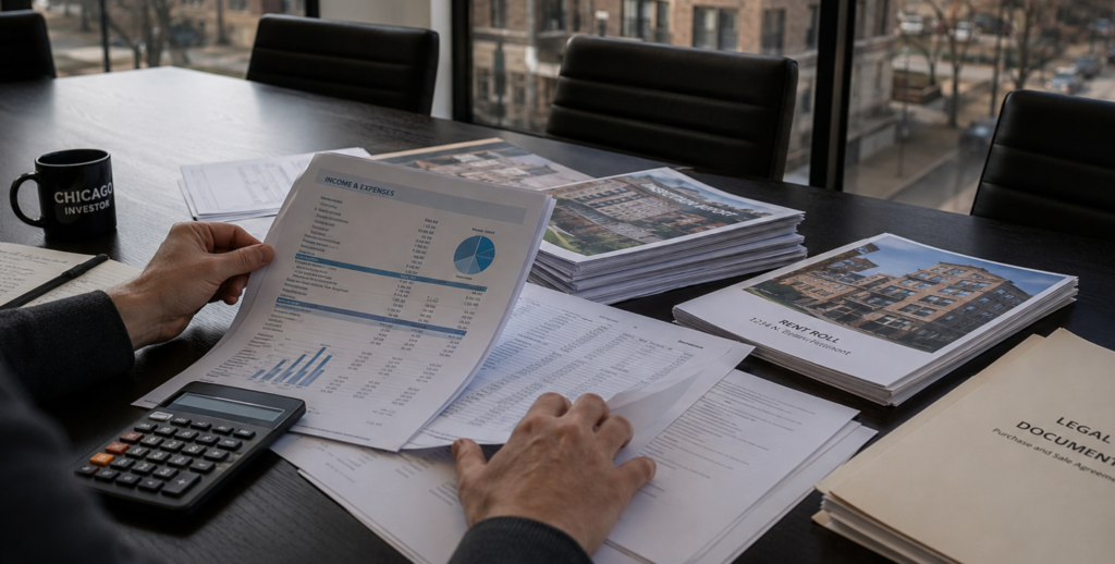 Chicago multi-family property investment review with financial records and legal documents
