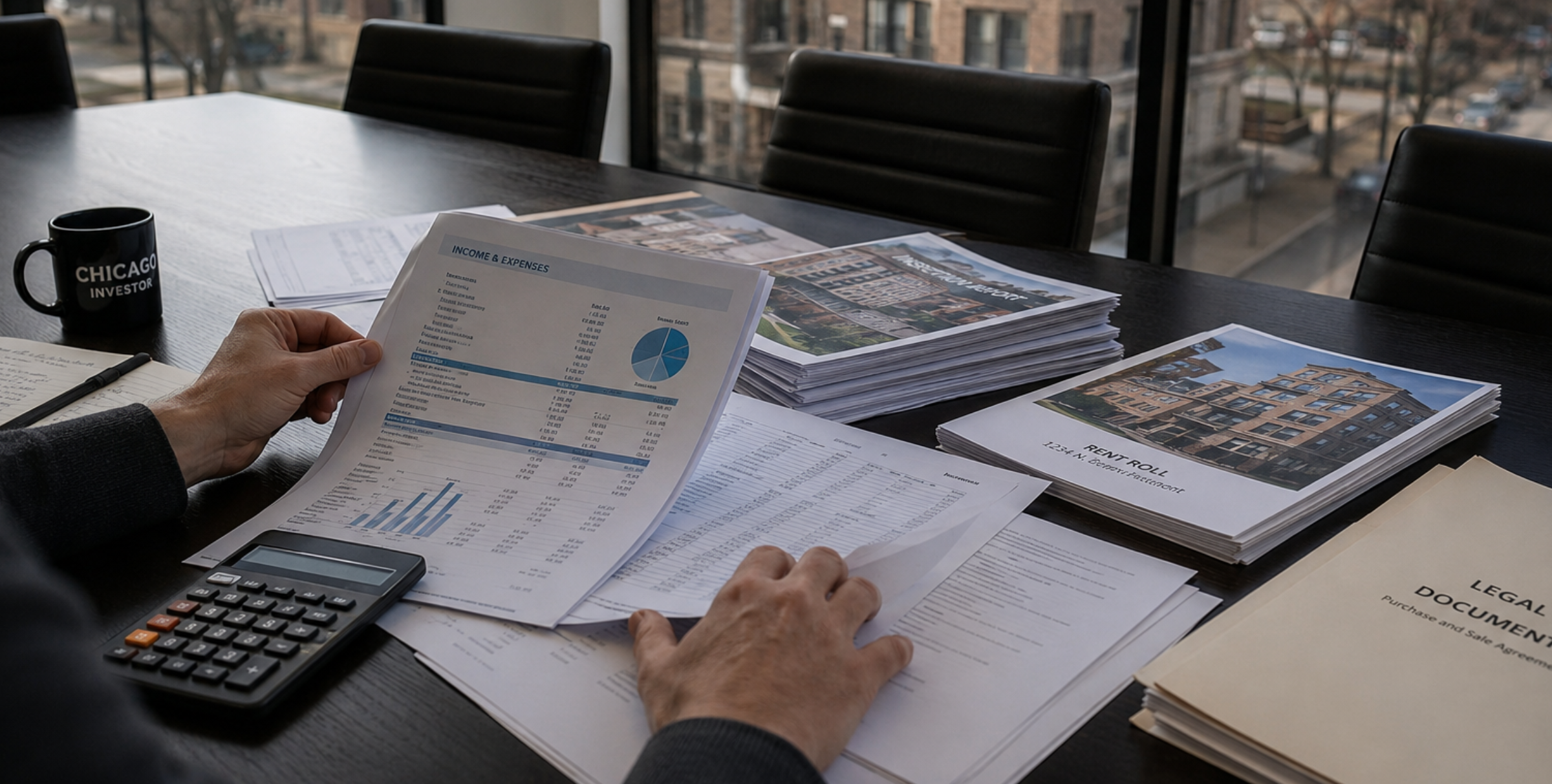 Chicago multi-family property investment review with financial records and legal documents