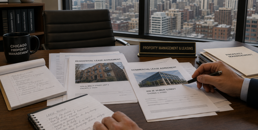 Chicago lease agreement review with legal documents and landlord contract analysis