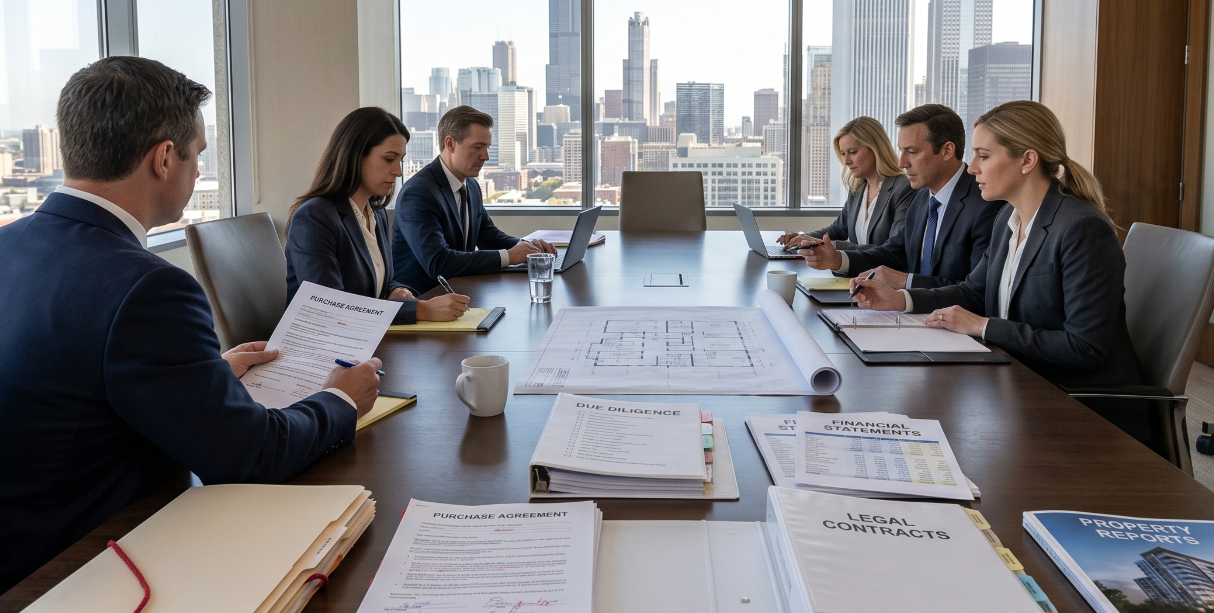 Chicago commercial purchase agreement negotiation with legal and financial documents