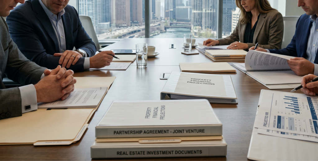 Chicago real estate joint venture partners reviewing investment and legal agreements