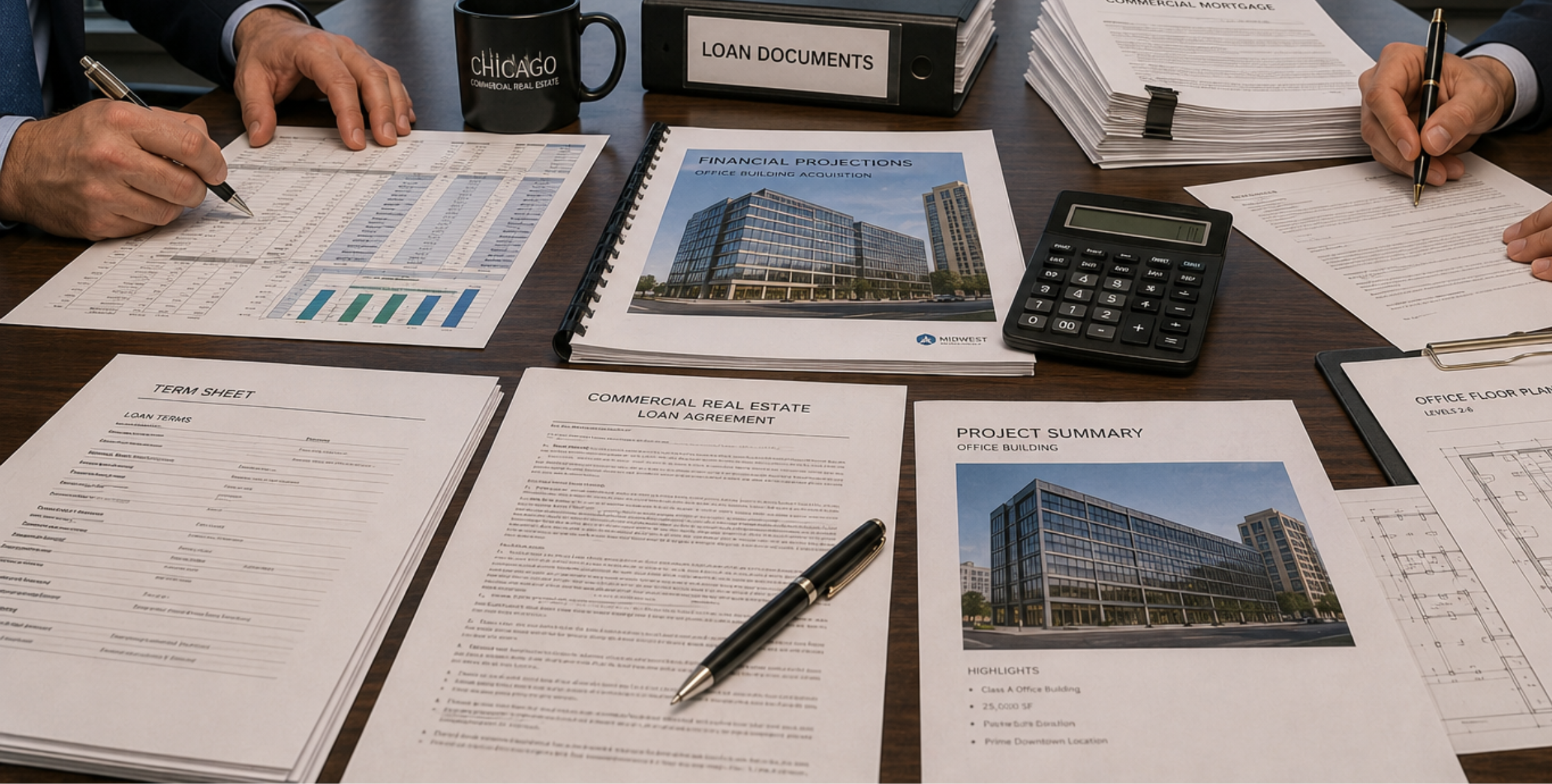 Chicago commercial property financing documents with loan agreements and legal paperwork