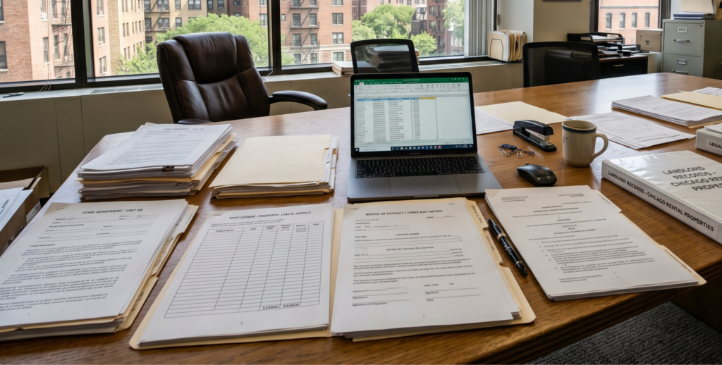 Chicago tenant default documents including lease agreements, rent records, and legal notices