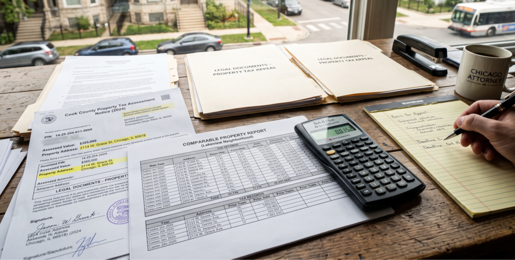 Chicago property tax assessment notice with legal documents and property valuation records